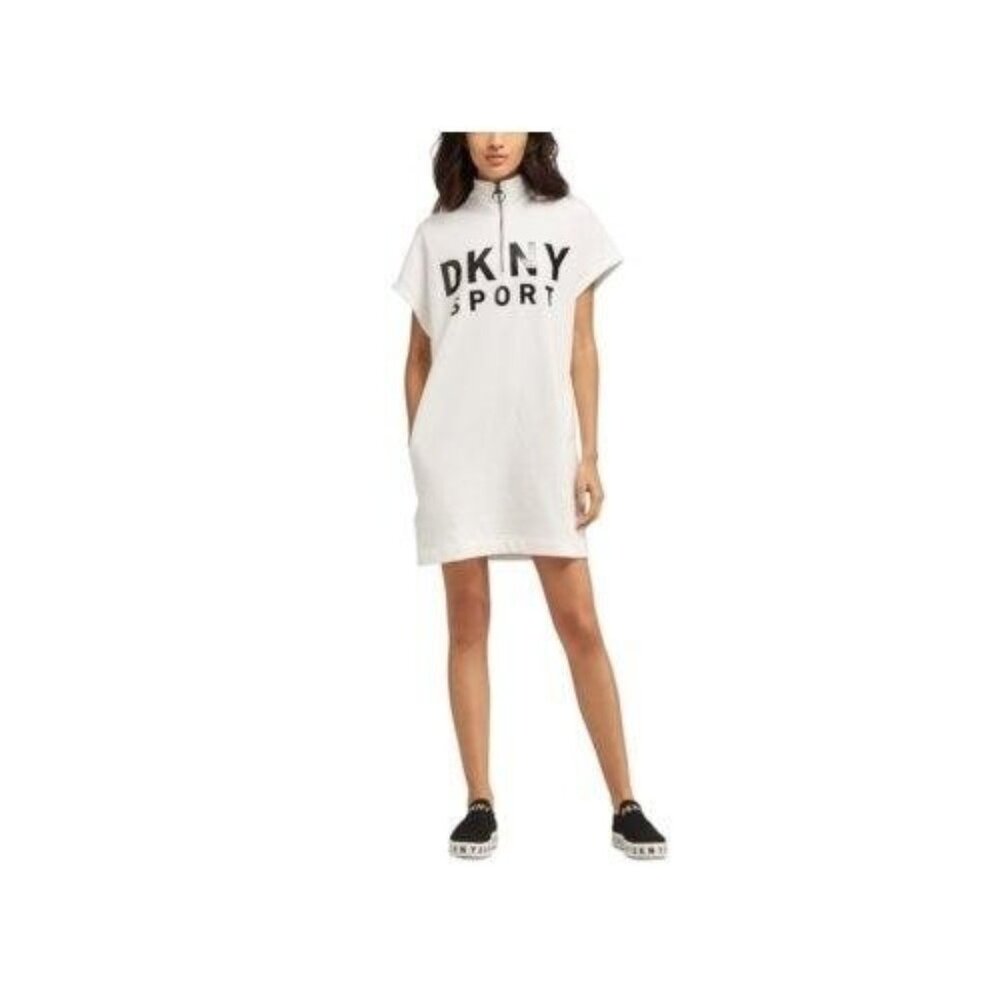 DKNY Sport T-Shirt Dress Womens Size XL White Mock Neck Zip Logo Casual $79